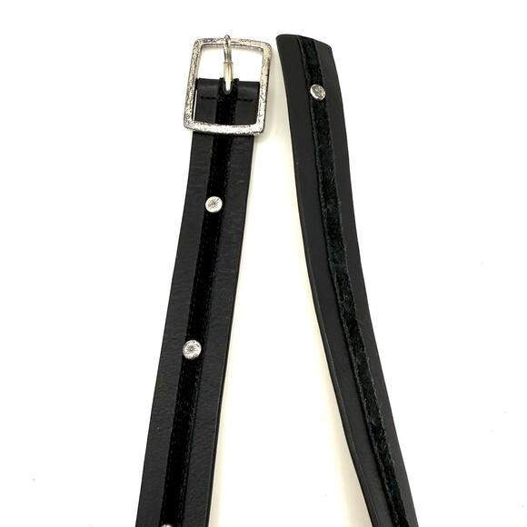 Vintage Ann Taylor Black Leather Belt M Velvet Trim Studs Distressed Buckle Y2K - Picture 3 of 8